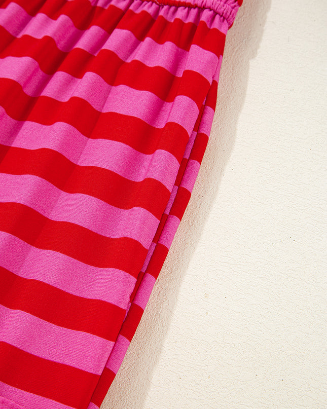 Rose Stripe Ruffle Strap Shirred Bodice Tiered Maxi Dress