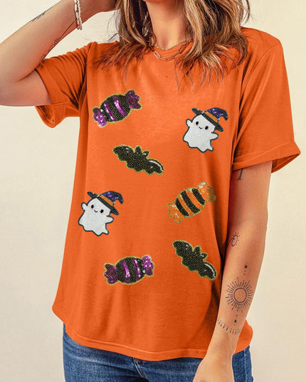 Black Sequined Halloween Spirit Pattern Patched Custom Casual Tee