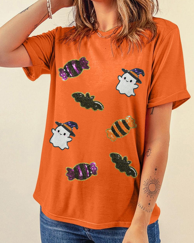 Black Sequined Halloween Spirit Pattern Patched Custom Casual Tee