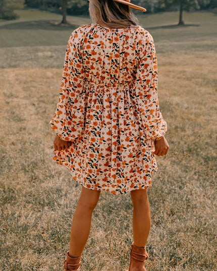 Beige Floral Smocked V Neck Bubble Sleeve Babydoll Dress
