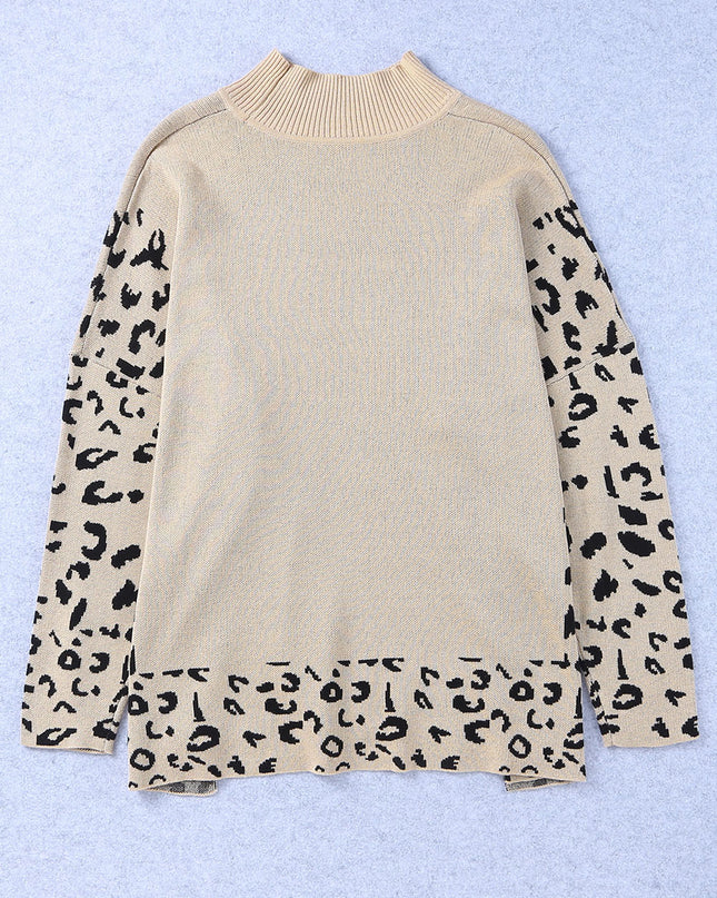 Khaki Leopard Casual Side Slit High Neck Oversized Sweater