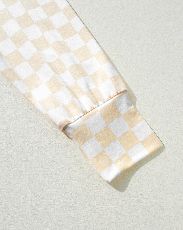Beige Checkered Print Long Sleeve Loose Fit Pajama Set