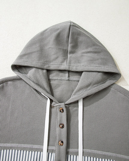 Gray Waffle Patchwork Drawstring Hooded Long Sleeve Top