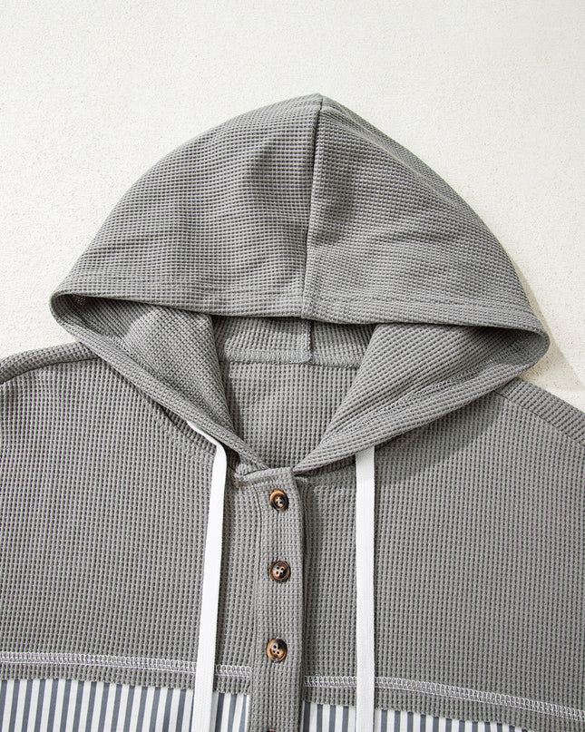 Gray Waffle Patchwork Drawstring Hooded Long Sleeve Top