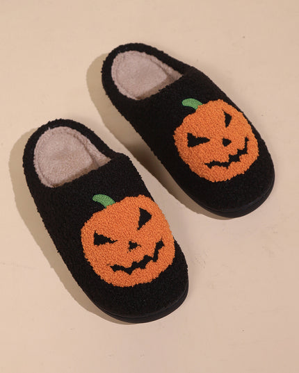 White Halloween Pumpkin Print Plush Slippers