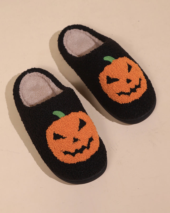 White Halloween Pumpkin Print Plush Slippers