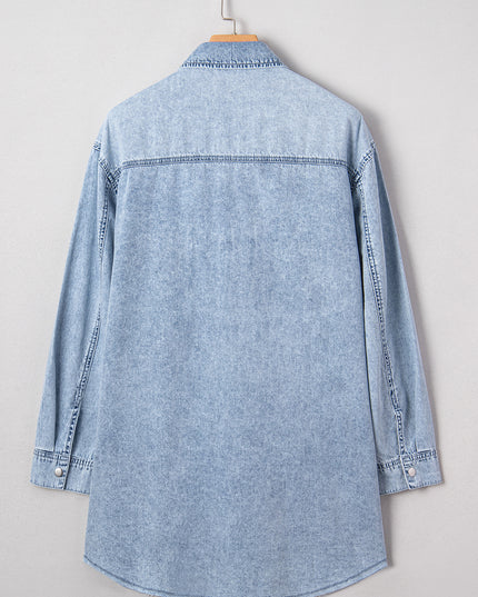 Denim Shirt Dress with Chest Pocket – Raw Hem Oversized Loose Fit Mini Dress (Blue Cotton)