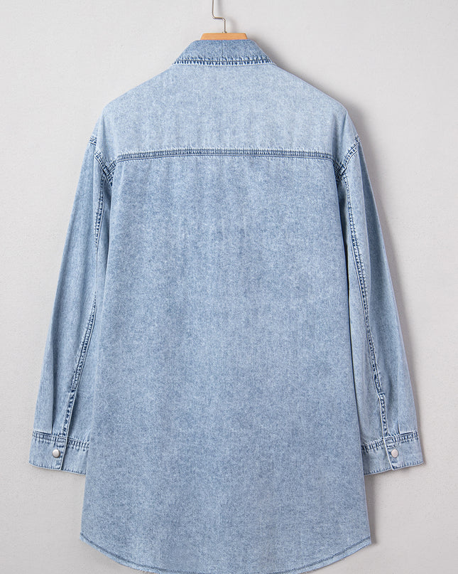 Denim Shirt Dress with Chest Pocket – Raw Hem Oversized Loose Fit Mini Dress (Blue Cotton)