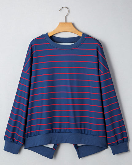 Blue Striped Overlap Detail Drop Shoulder Pullover Sweatshirt