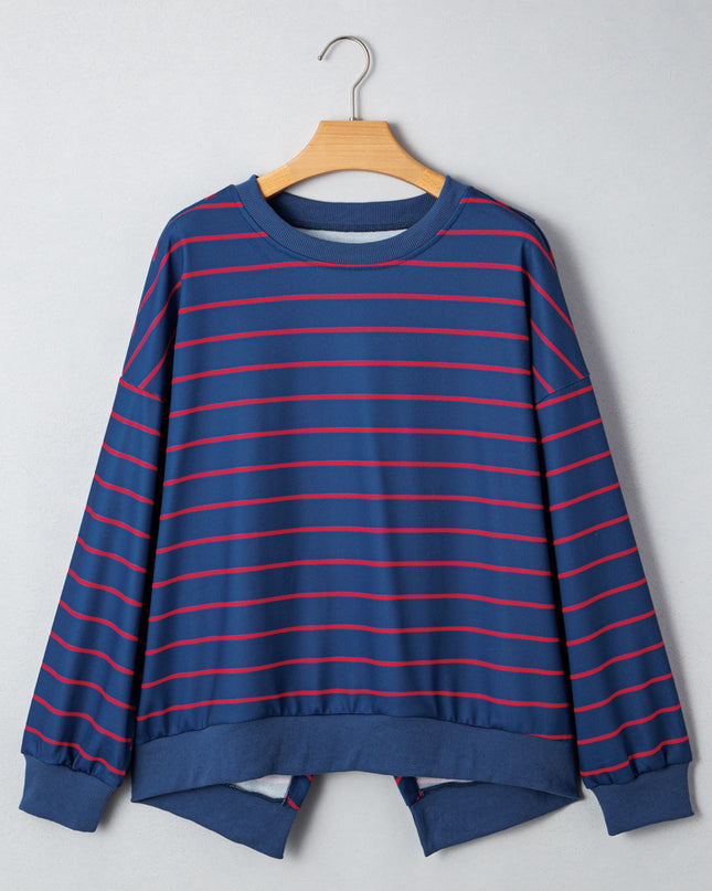 Blue Striped Overlap Detail Drop Shoulder Pullover Sweatshirt