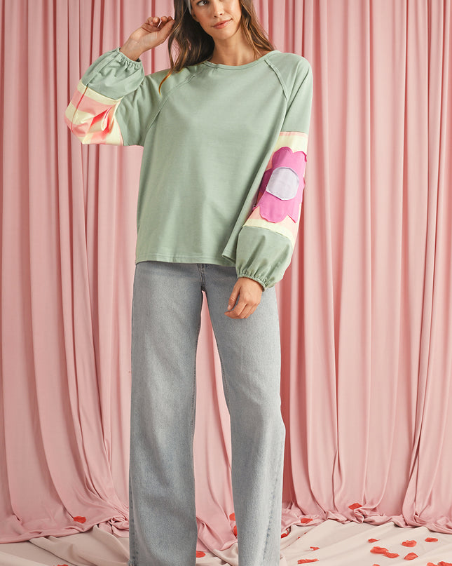 Smoke Green Flower Patchwork Exposed Seam Raglan Sleeve Top