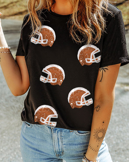 Black Sequin Baseball Helmet Graphic Crewneck T Shirt