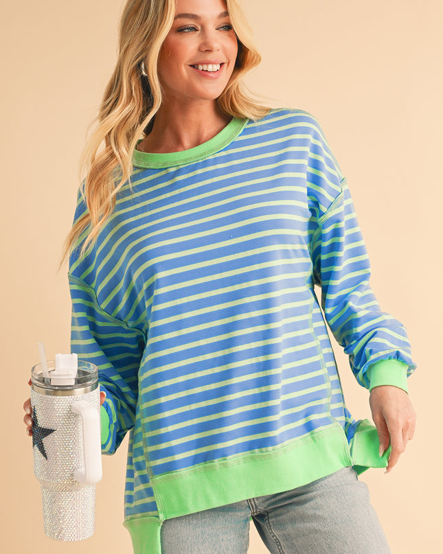 Pink Stripe Contrast Trim High Low Tunic Sweatshirt