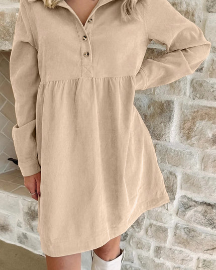 Oatmeal Corduroy Half Button Collared Long Sleeve Mini Dress