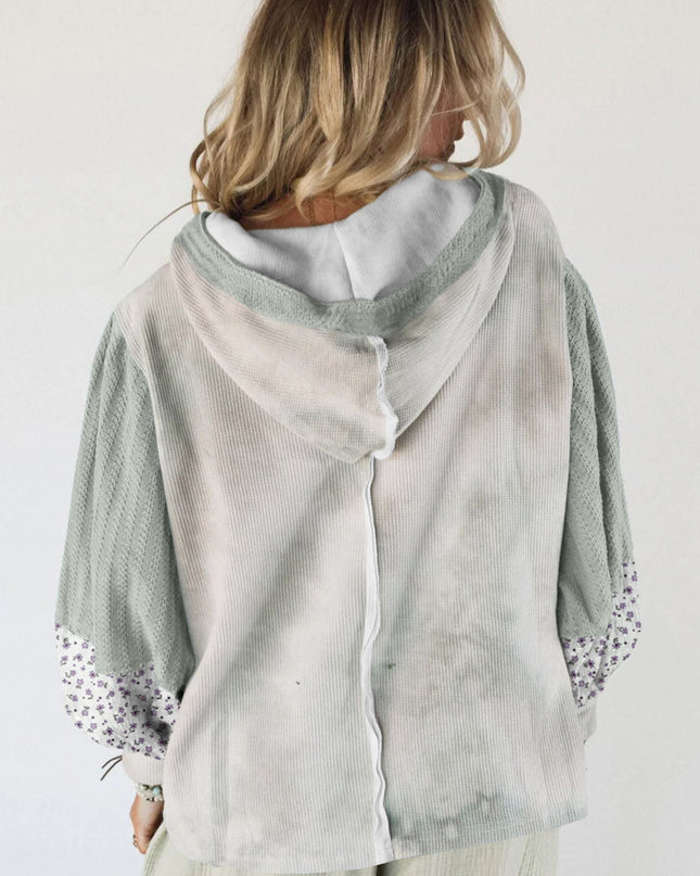 Beige Floral Textured Colorblock Patchwork Bishop Sleeve Hooded Top