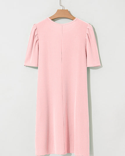 Blossom Corded Crew Neck Puff Sleeve Mini Dress