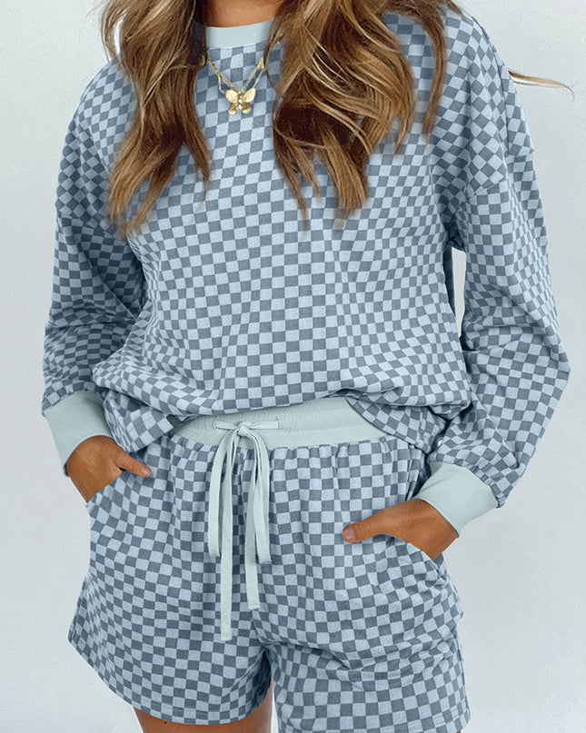 Sky Blue Checkerboard Contrast Trim Long Sleeve Pullover and Shorts Set