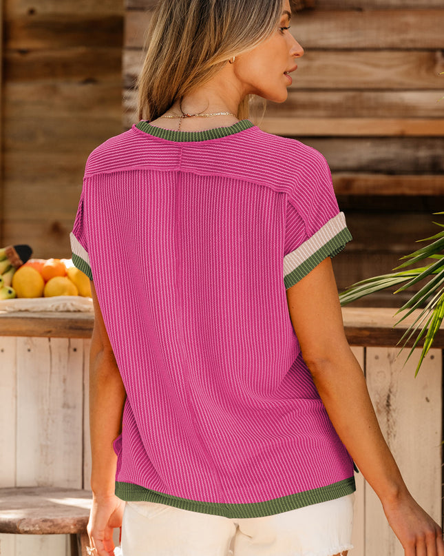 Rose Red Textured Colorblock Round Neck T Shirt