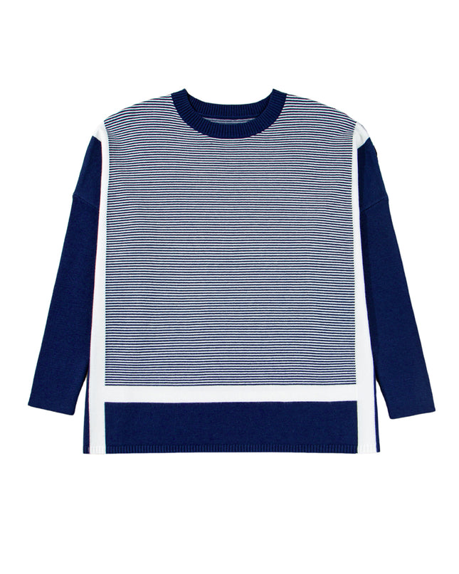 Blue Striped Colorblock Patchwork Dolman Oversize Tunic Sweater