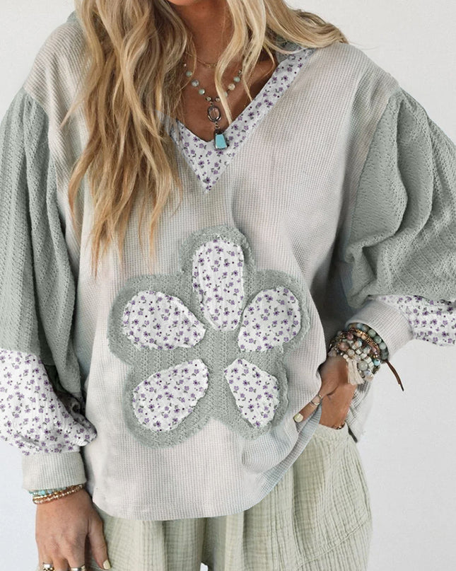 Beige Floral Textured Colorblock Patchwork Bishop Sleeve Hooded Top