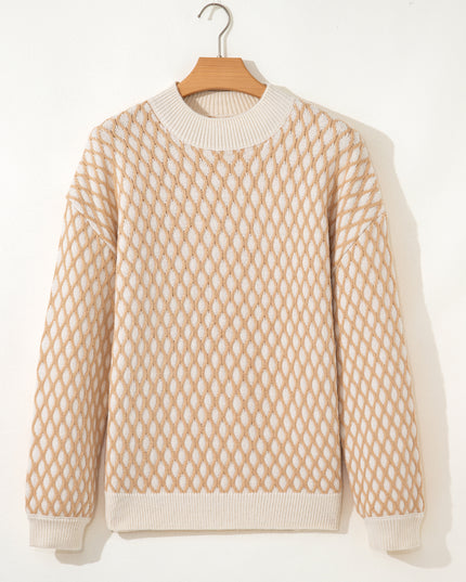 Smoke Gray Checkered Textured Knit Mock Neck Sweater