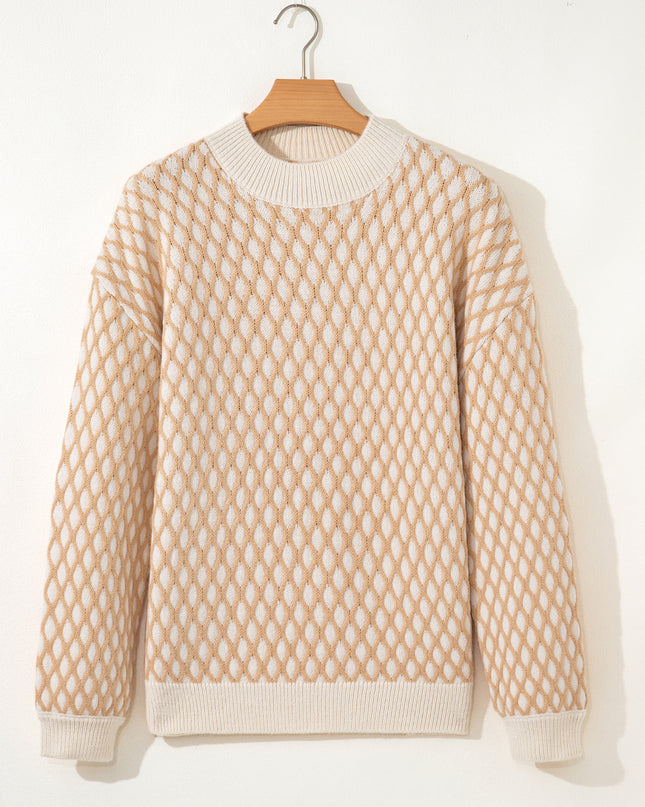 Smoke Gray Checkered Textured Knit Mock Neck Sweater