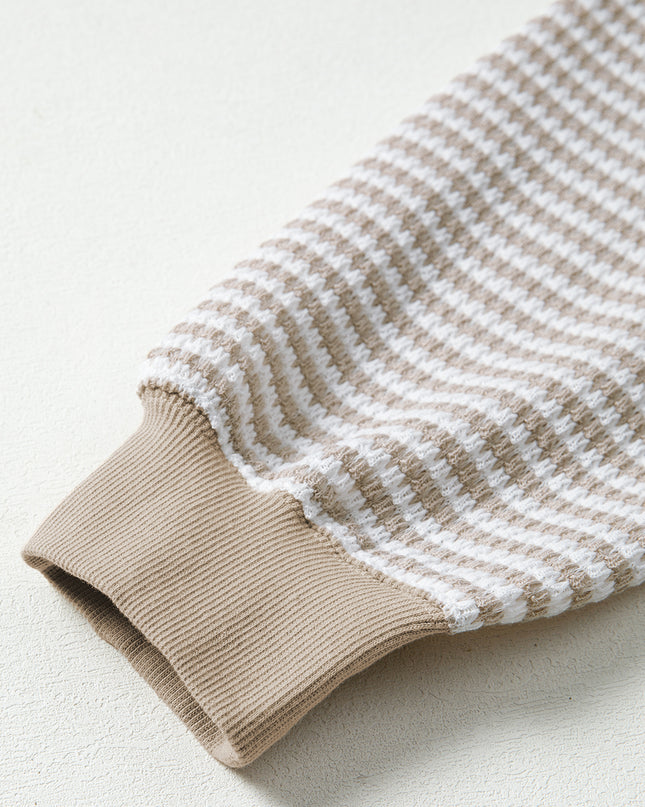 Brown Stripe Ribbed Trim Drop Shoulder Long Sleeve Oversized Top
