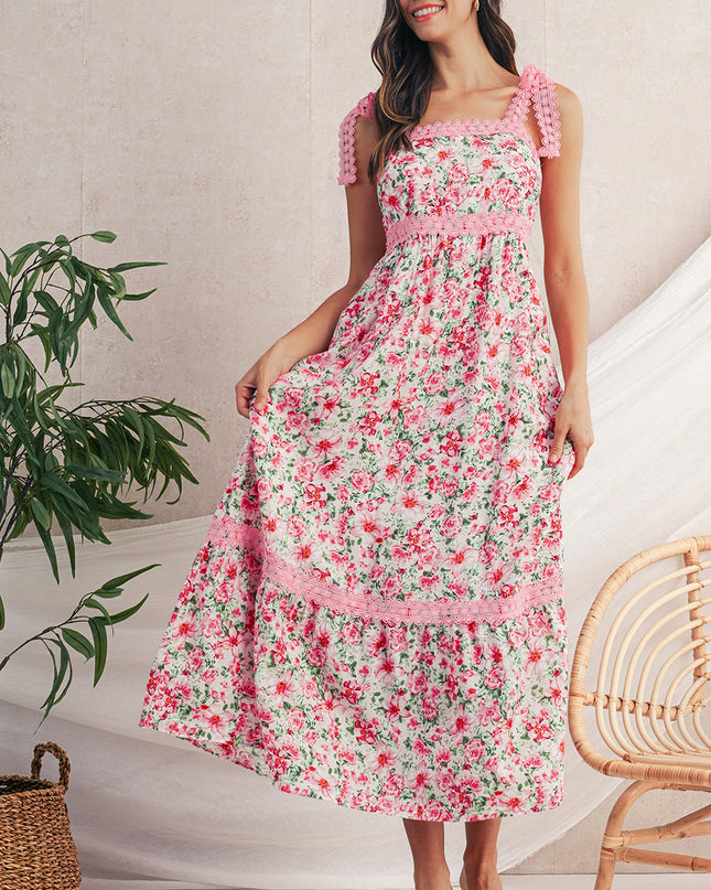 Green Floral Lace Tied Strap Empire Waist Maxi Dress