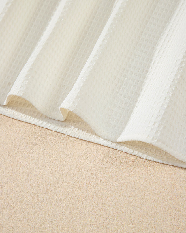 White Solid Color Ruffle Trim Waffle Textured Blouse
