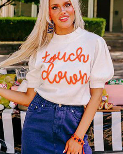 White Touchdown Puff Sleeve Sweater – Game Day Football Graphic Top