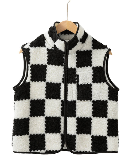 Khaki Checkered Sherpa Collared Jacket Vest
