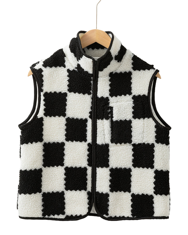 Khaki Checkered Sherpa Collared Jacket Vest