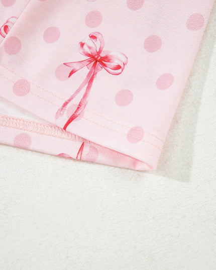 Pink Polka Dot and Bow Print Ruffle Hem Shorts Pajama Set
