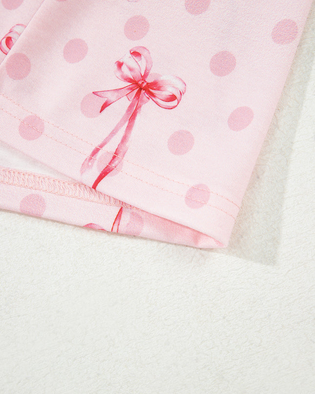 Pink Polka Dot and Bow Print Ruffle Hem Shorts Pajama Set