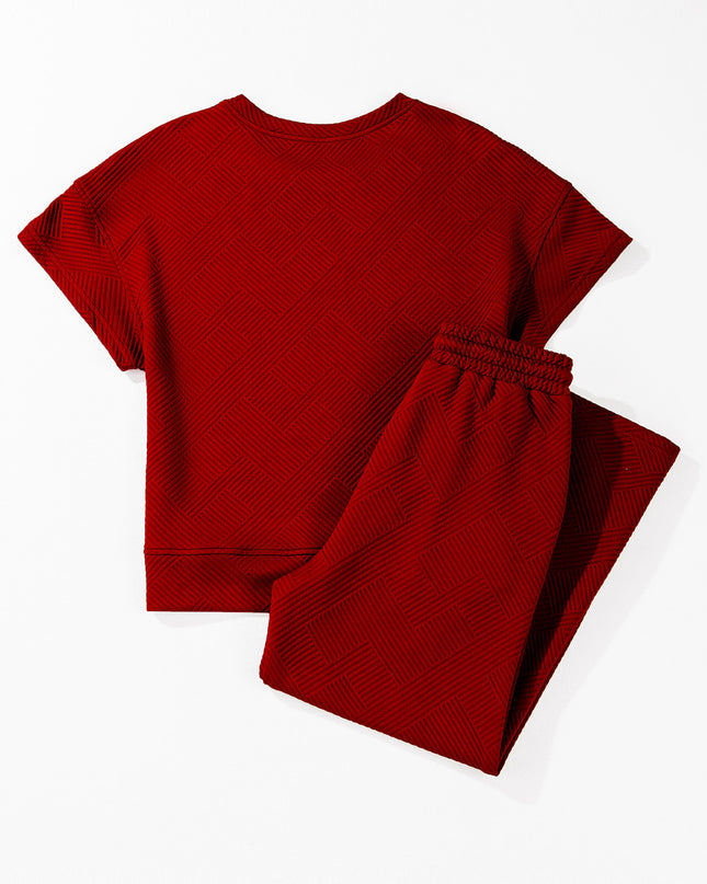 Black Textured Loose Fit T Shirt and Drawstring Pants Set