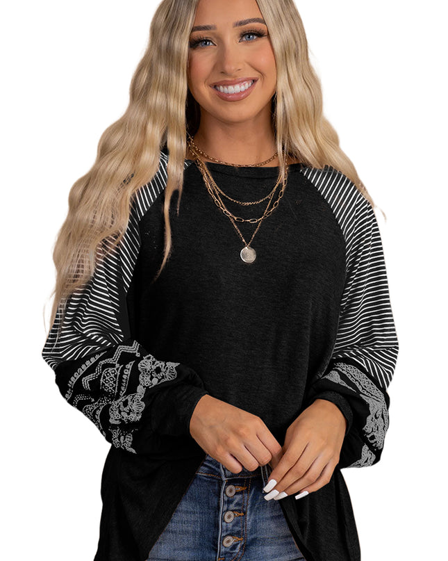 Rose Red Contrast Print Striped Raglan Long Sleeve Loose Top