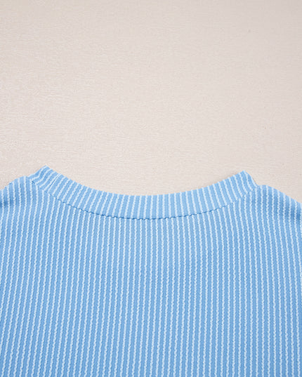 Dark Blue Corded Knit Color Block Pocketed Crew Neck T Shirt