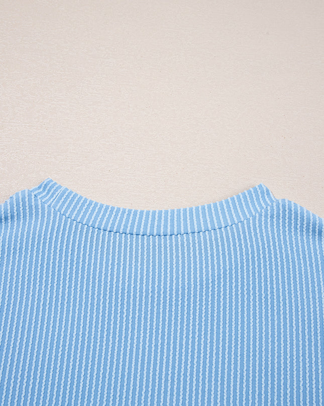 Dark Blue Corded Knit Color Block Pocketed Crew Neck T Shirt