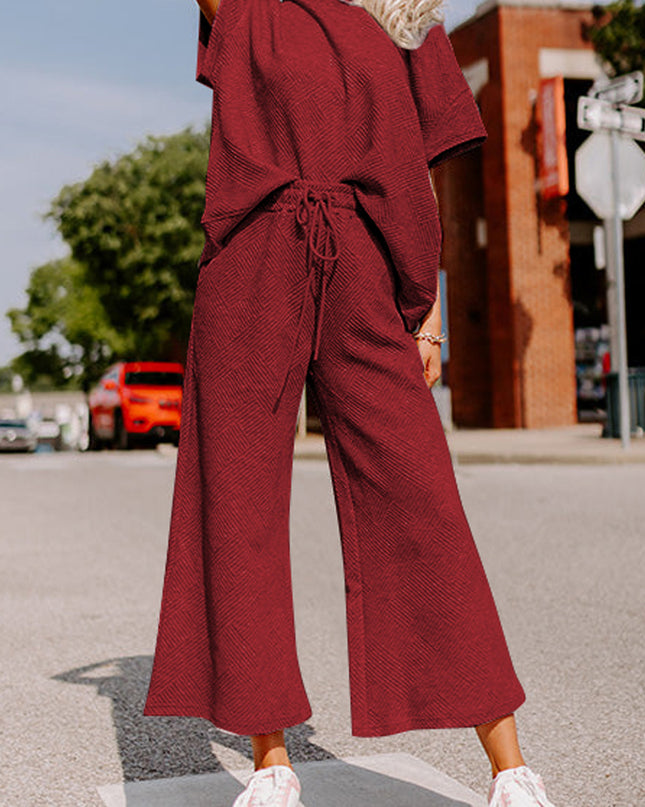 Black Textured Loose Fit T Shirt and Drawstring Pants Set
