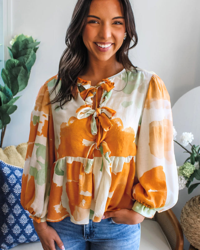 Carrot Abstract Print Bubble Sleeve Bow Front Top