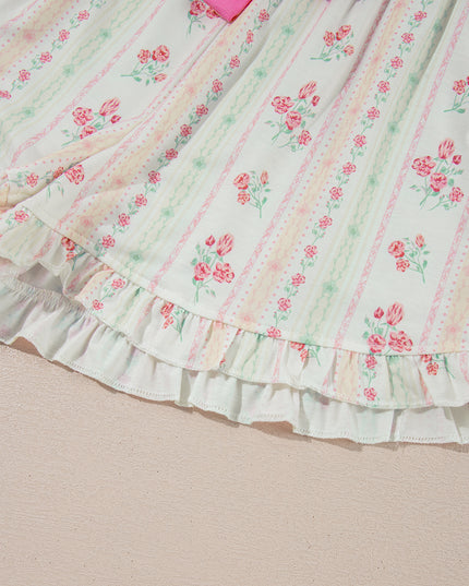 Pink Polka Dot and Bow Print Ruffle Hem Shorts Pajama Set
