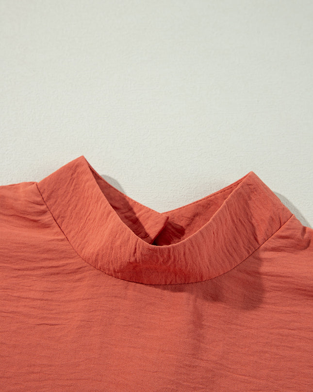 Russet Orange Swiss Dot Balloon Sleeve Patchwork Crinkle Blouse