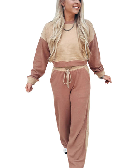 Khaki Color Block Long Sleeve Crop Top Drawstring Pant Set