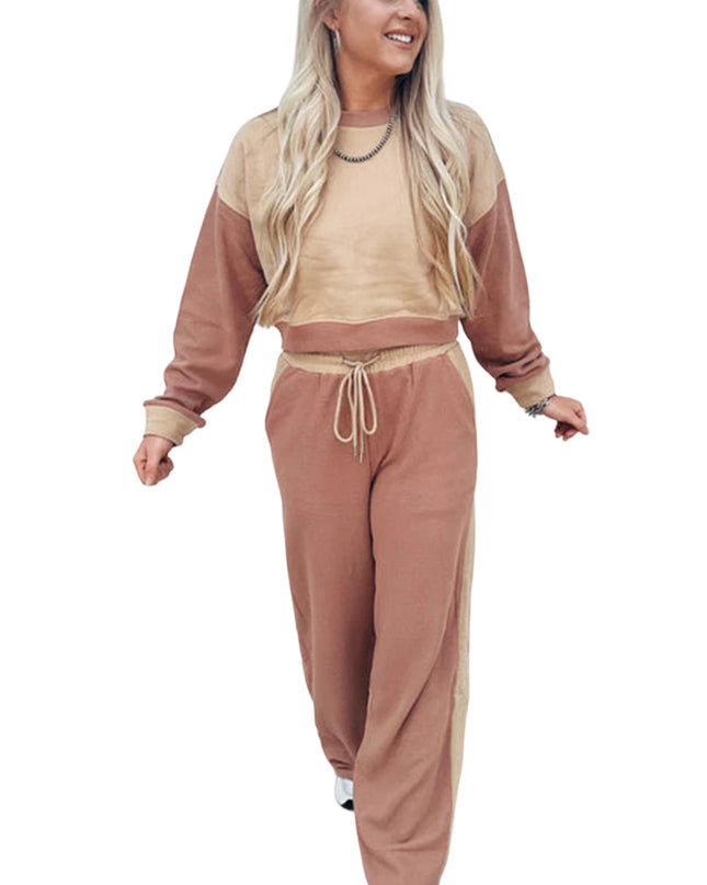 Khaki Color Block Long Sleeve Crop Top Drawstring Pant Set