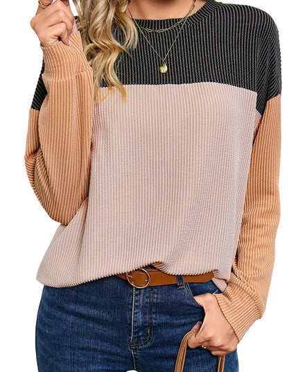 Multicolor Colorblock Ribbed Loose Long Sleeve Top