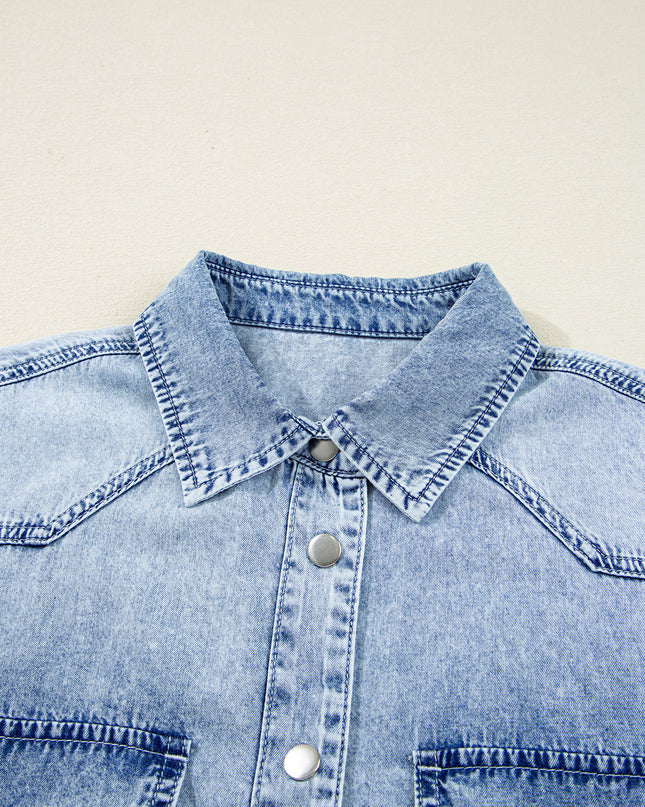 Denim Shirt Dress with Chest Pocket – Raw Hem Oversized Loose Fit Mini Dress (Blue Cotton)