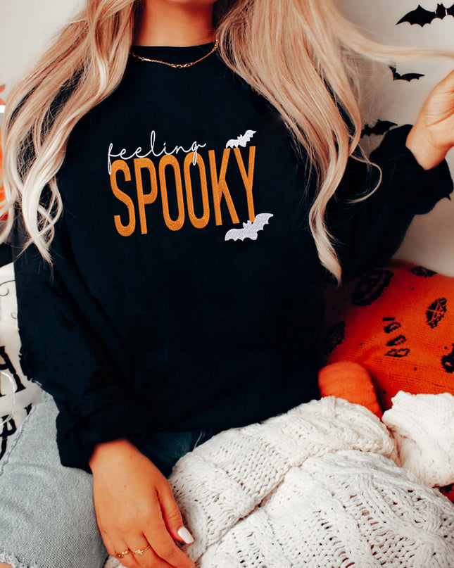 Feeling Spooky Halloween Sweatshirt – Embroidered Graphic Oversized Black Pullover