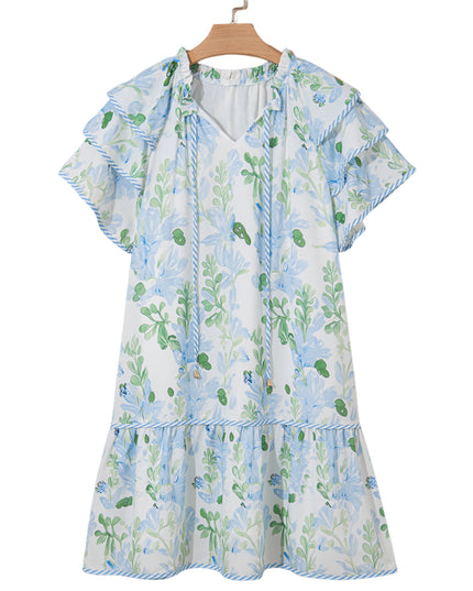 Orange Floral Contrast Edge Ruffle Sleeve Tie Neck Mini Dress