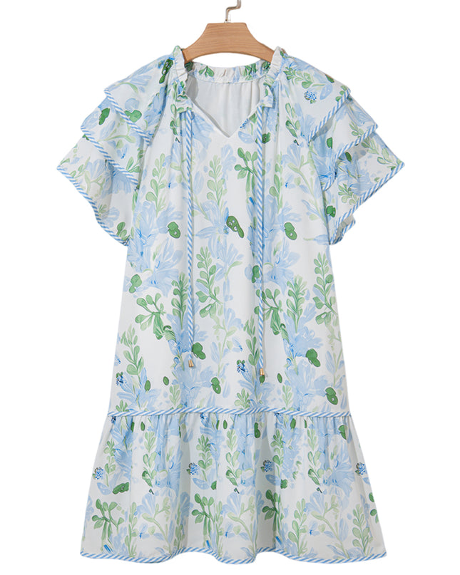 Orange Floral Contrast Edge Ruffle Sleeve Tie Neck Mini Dress
