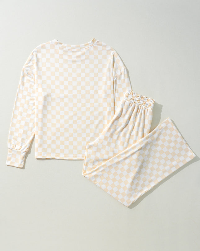 Beige Checkered Print Long Sleeve Loose Fit Pajama Set